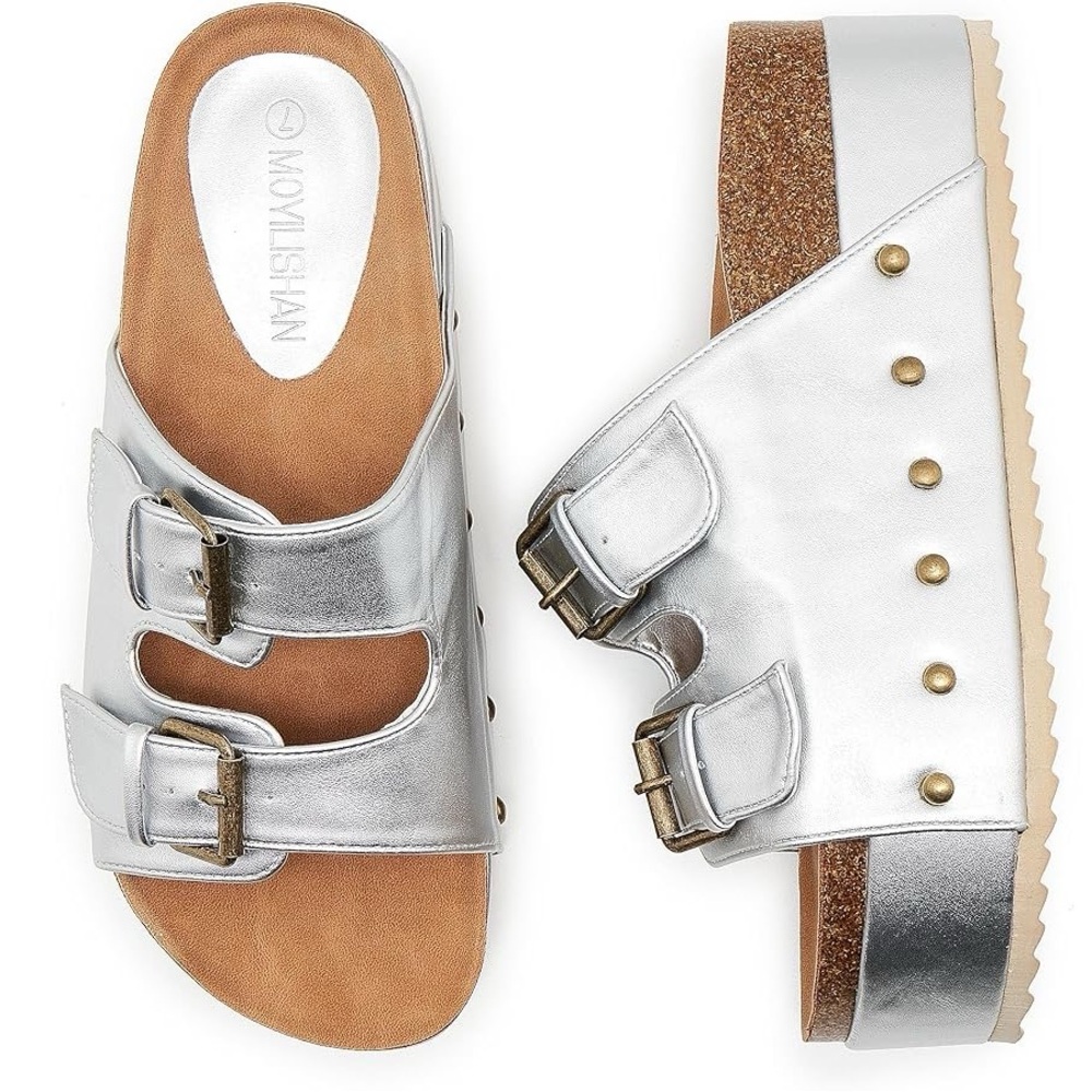 Women Metallic Platform Sandals Cork Footbed Heeled Slides Double Buckle silver